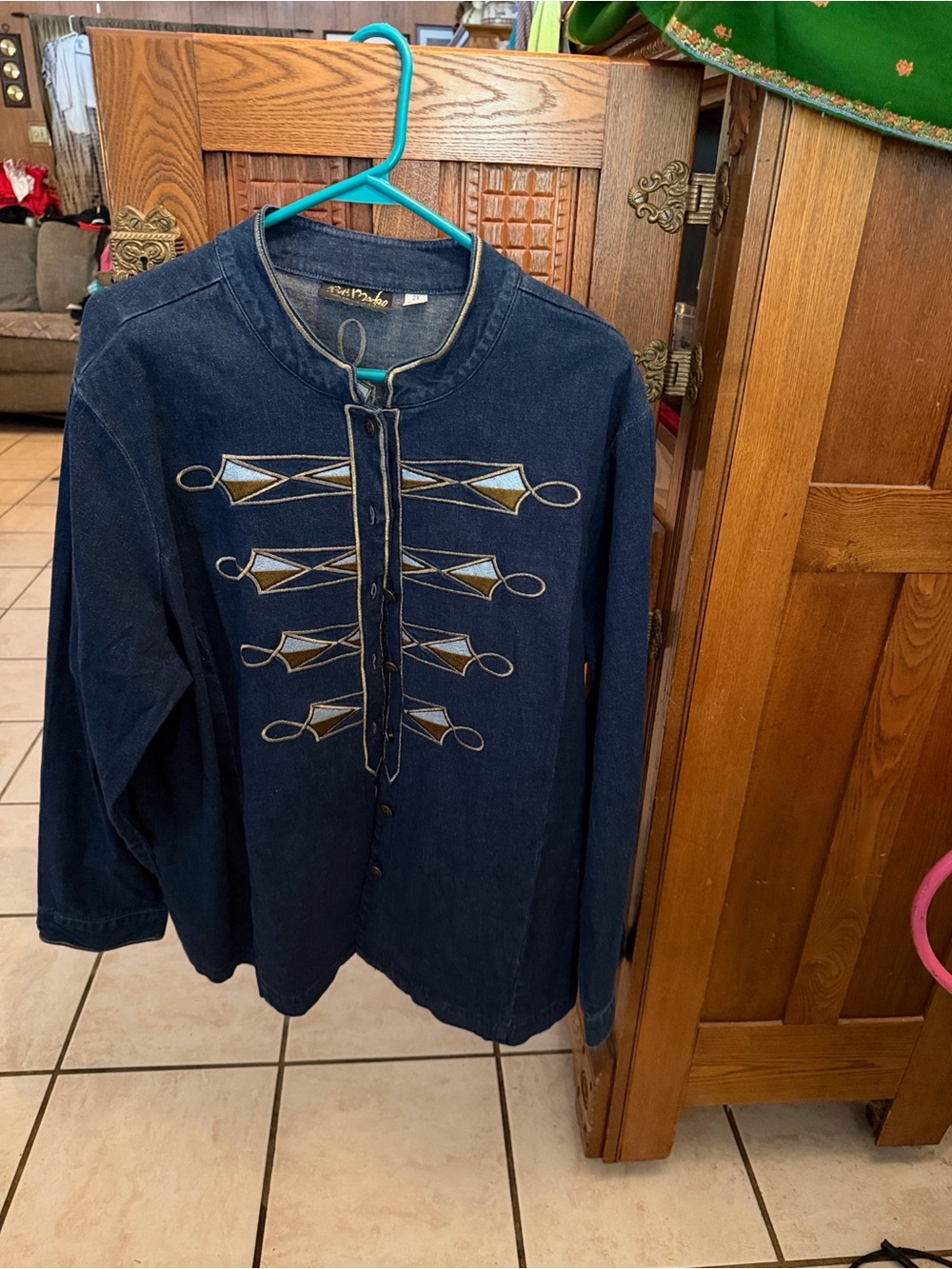 Bob Mackie Navy Embroidered Denim Top with Metallic Trim